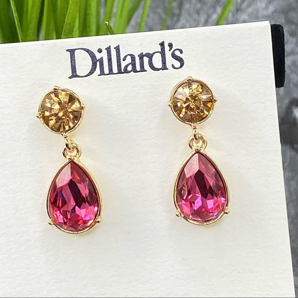 Dillard’s Earrings Teardrop Rhinestone Jewel Dangle Drop Fashion Pink Amber NWT‎